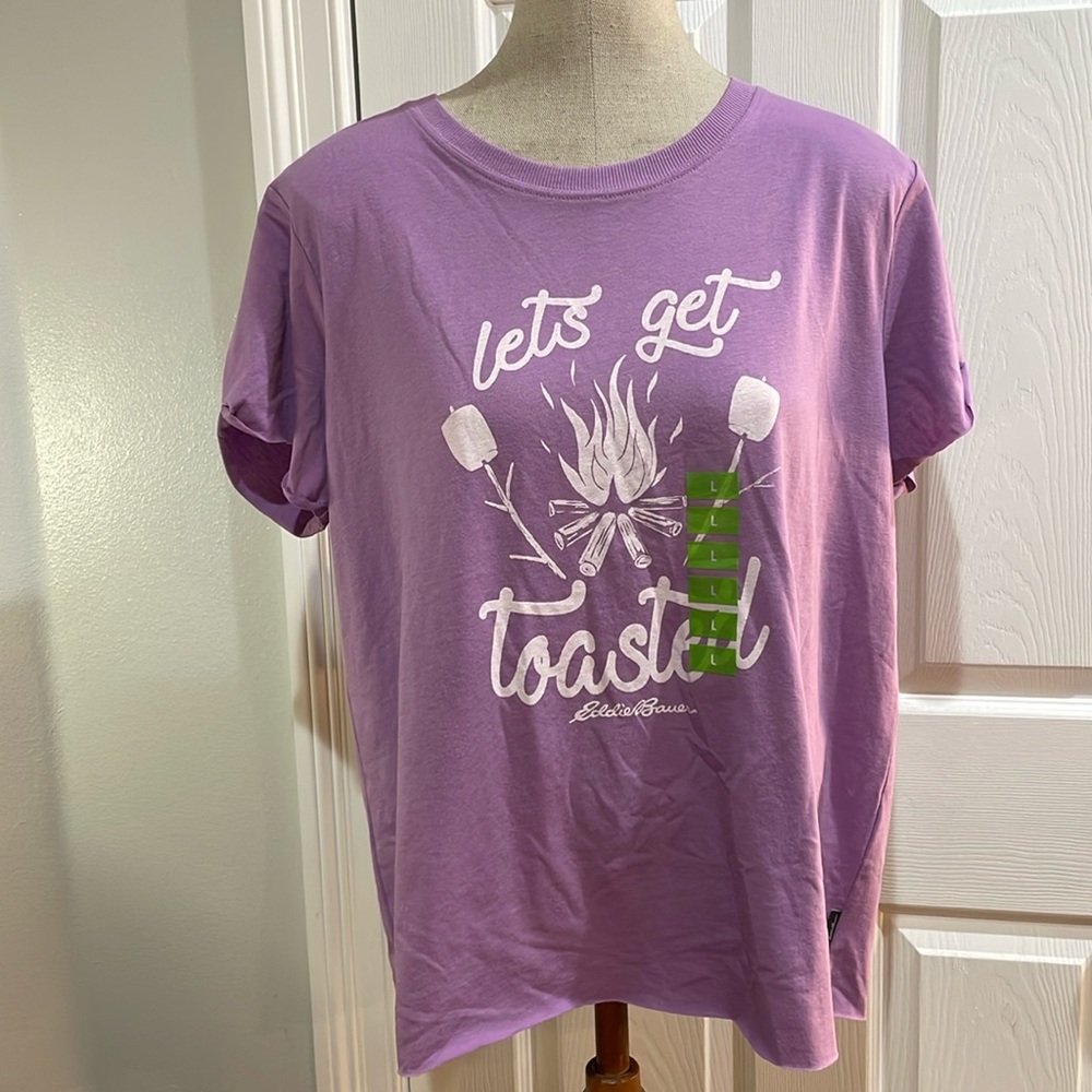 Eddie Bauer graphic T-shirt let’s get toasted cotton campfire s’mores purple L